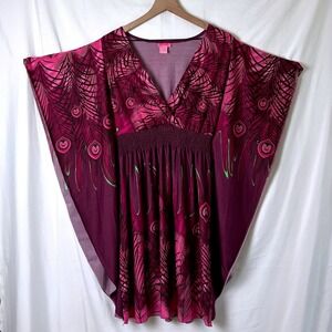 She Scool Womens Peacock Butterfly Sleeve Tunic Purple Magenta Size 1X Boho